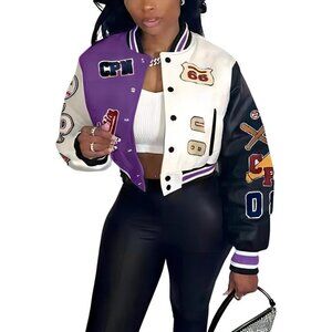 Women's Varsity Jacket with Patches Print Cropped Bomber Leather Jacket A-Purple